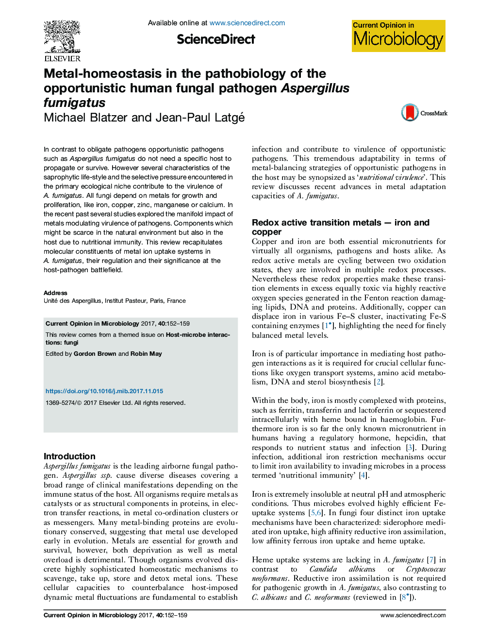 Metal-homeostasis in the pathobiology of the opportunistic human fungal pathogen Aspergillus fumigatus