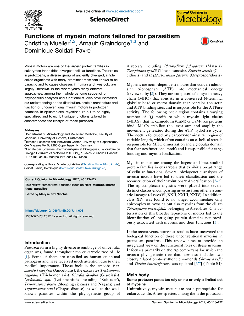 Functions of myosin motors tailored for parasitism