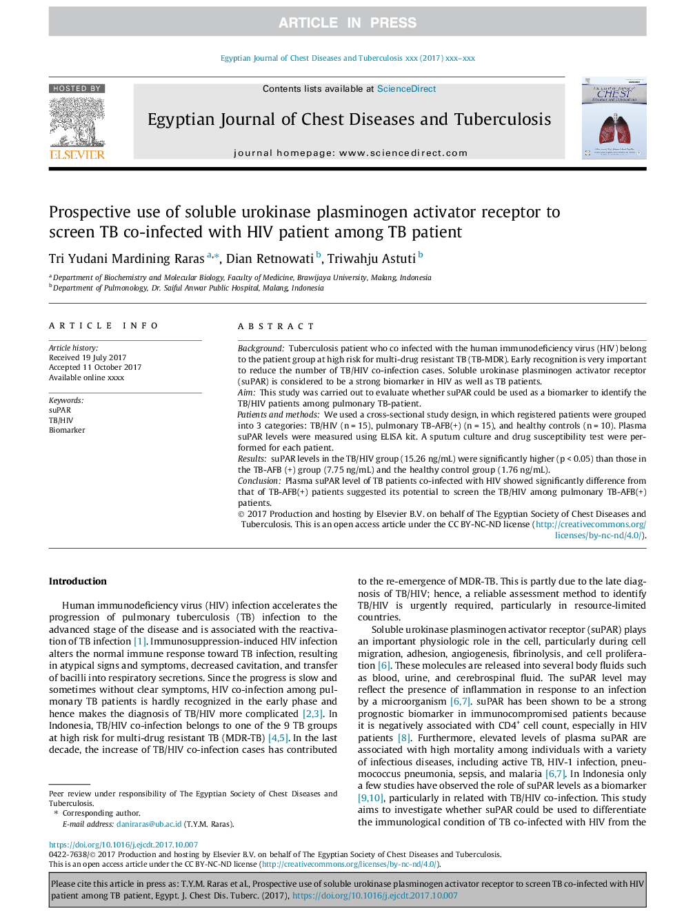 Prospective use of soluble urokinase plasminogen activator receptor to screen TB co-infected with HIV patient among TB patient