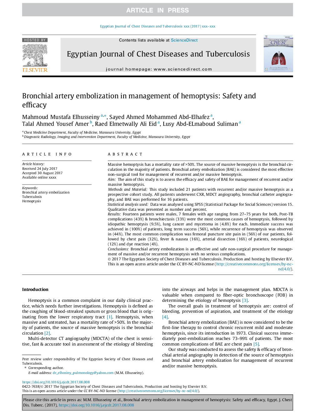 Bronchial artery embolization in management of hemoptysis: Safety and efficacy