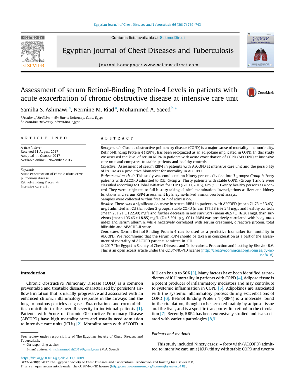 Assessment of serum Retinol-Binding Protein-4 Levels in patients with acute exacerbation of chronic obstructive disease at intensive care unit