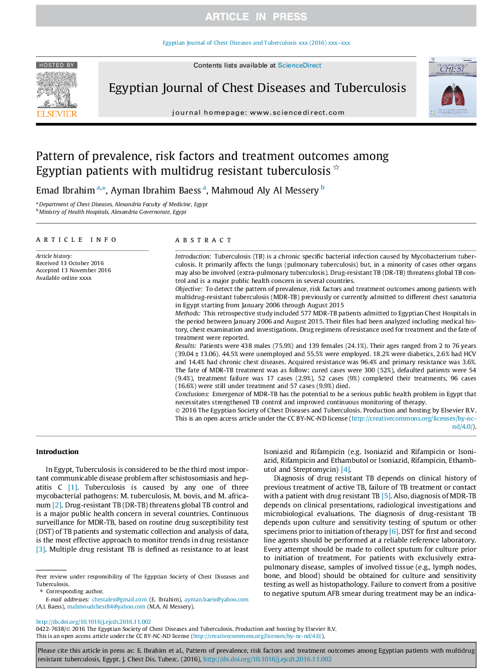 Pattern of prevalence, risk factors and treatment outcomes among Egyptian patients with multidrug resistant tuberculosis