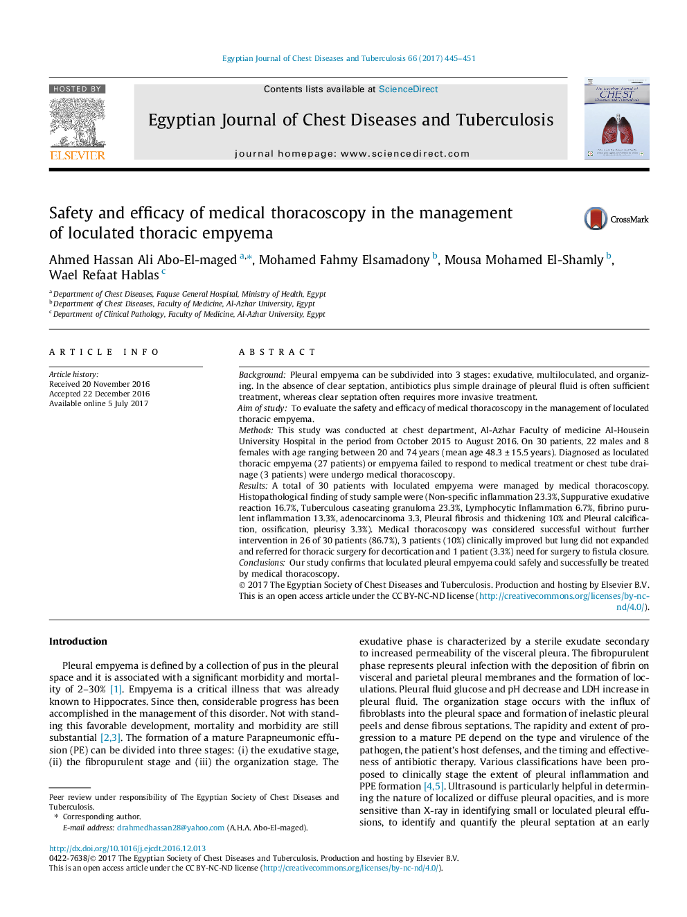 Safety and efficacy of medical thoracoscopy in the management of loculated thoracic empyema