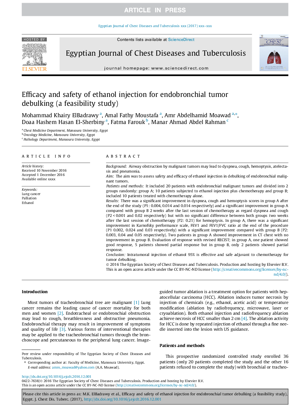 Efficacy and safety of ethanol injection for endobronchial tumor debulking (a feasibility study)