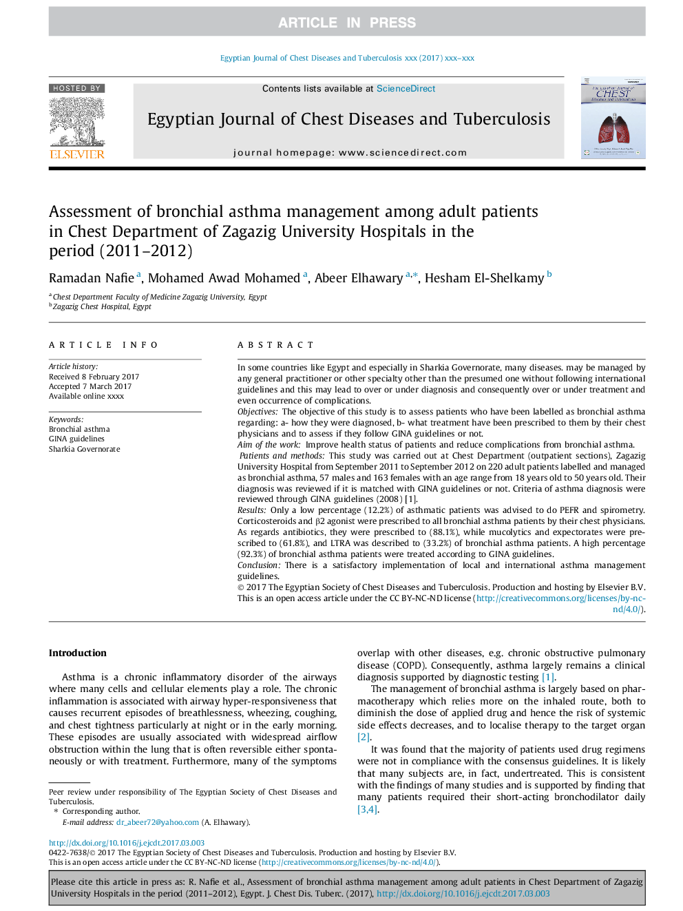 Assessment of bronchial asthma management among adult patients in Chest Department of Zagazig University Hospitals in the period (2011-2012)