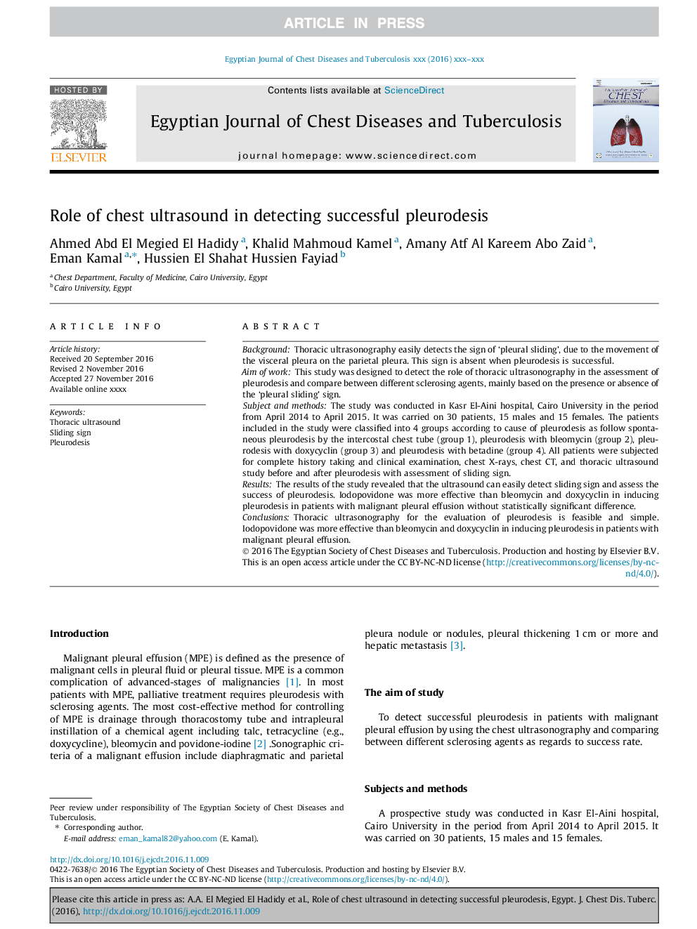 Role of chest ultrasound in detecting successful pleurodesis