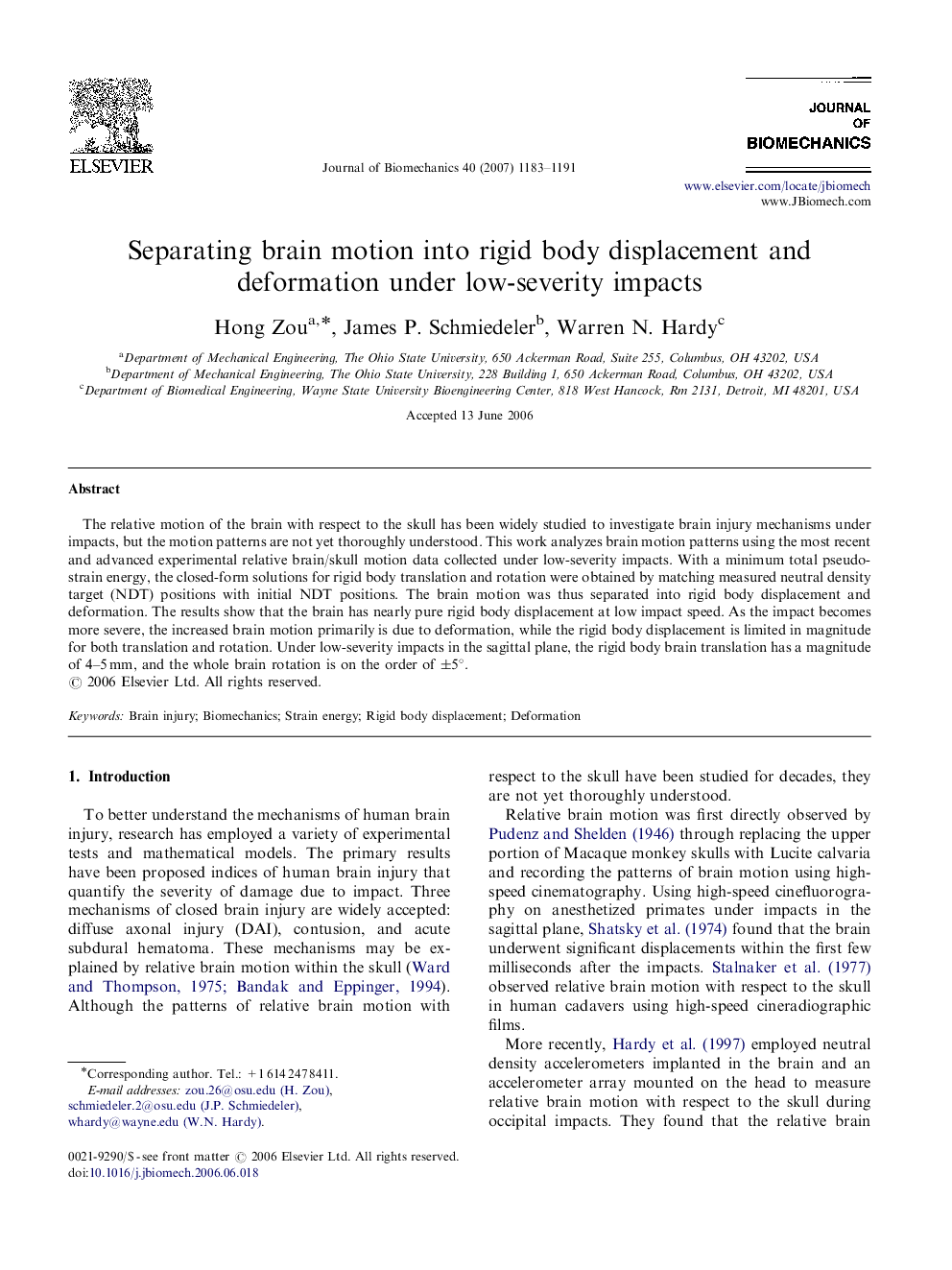 Separating brain motion into rigid body displacement and deformation under low-severity impacts