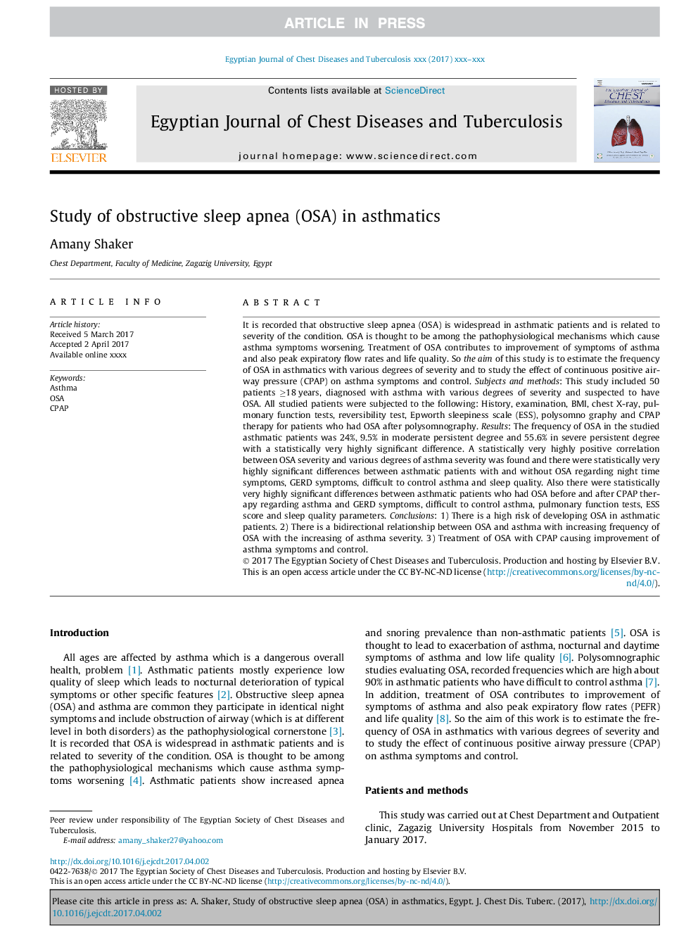 Study of obstructive sleep apnea (OSA) in asthmatics