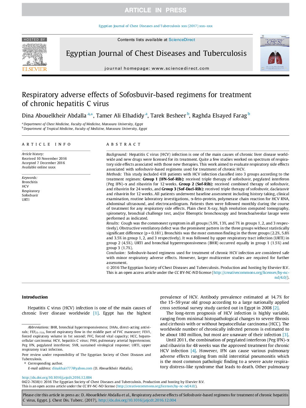 Respiratory adverse effects of Sofosbuvir-based regimens for treatment of chronic hepatitis C virus