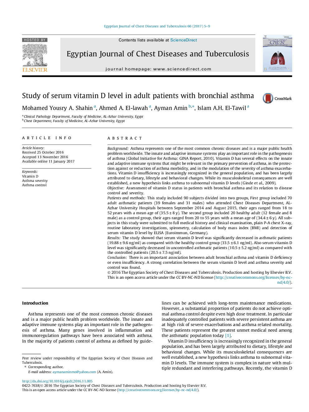 Study of serum vitamin D level in adult patients with bronchial asthma