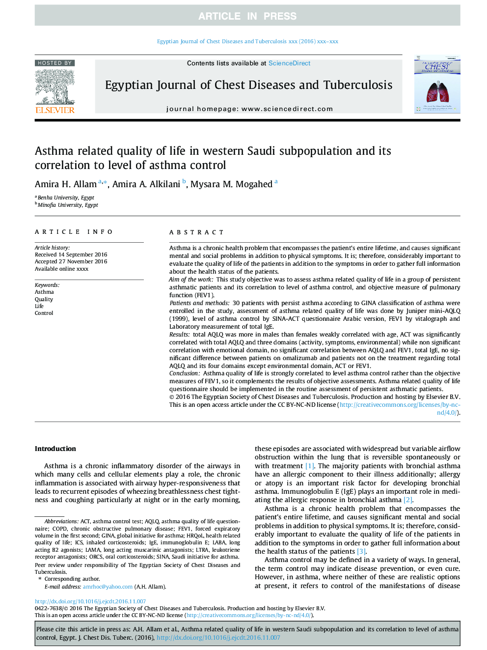 Asthma related quality of life in western Saudi subpopulation and its correlation to level of asthma control