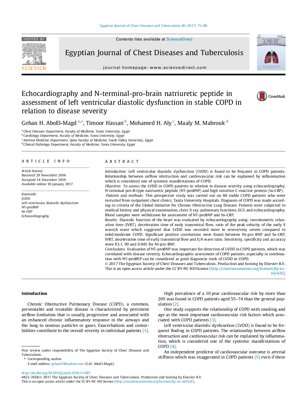 Echocardiography and N-terminal-pro-brain natriuretic peptide in assessment of left ventricular diastolic dysfunction in stable COPD in relation to disease severity