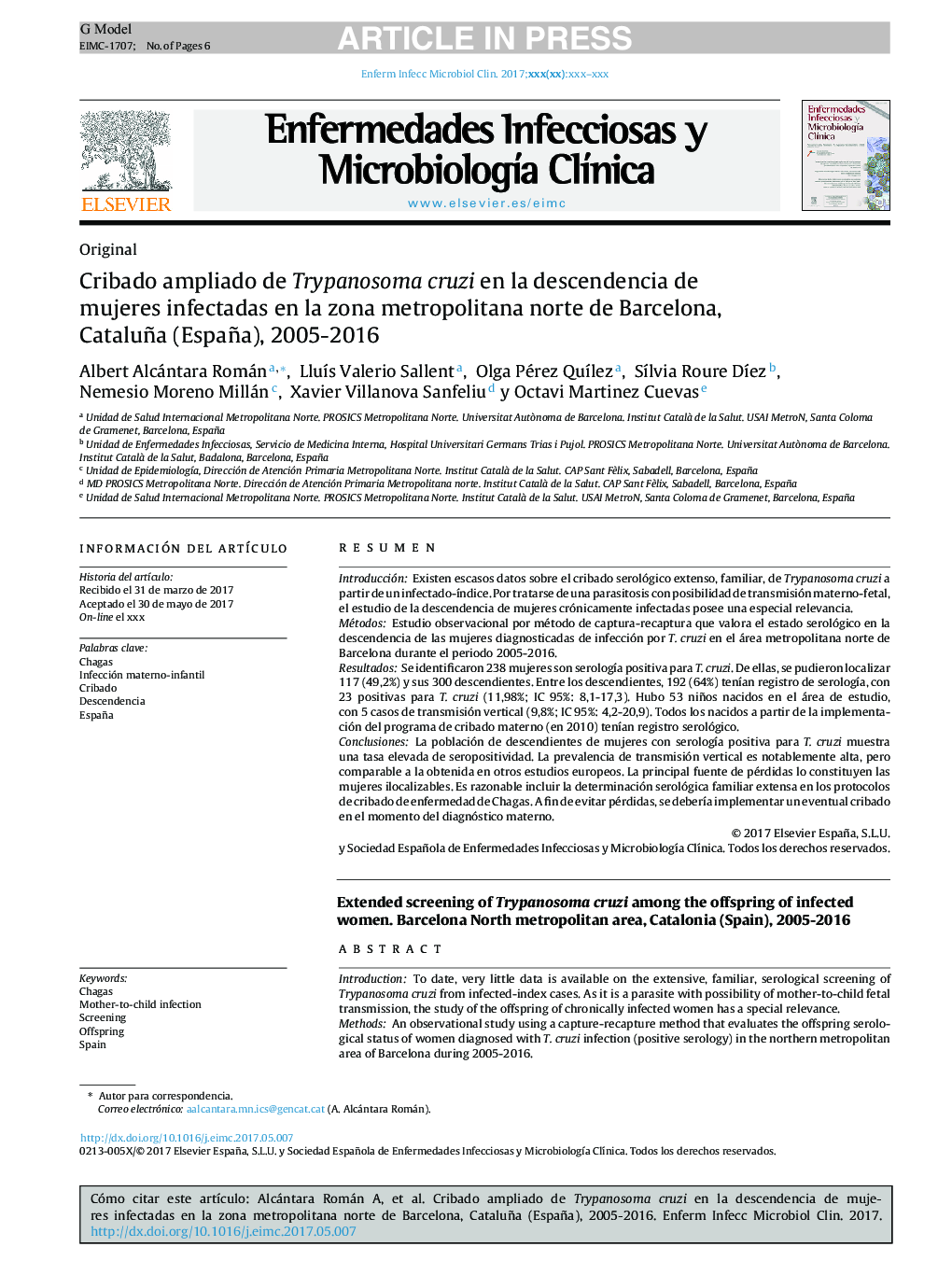 Cribado ampliado de Trypanosoma cruzi en la descendencia de mujeres infectadas en la zona metropolitana norte de Barcelona, Cataluña (España), 2005-2016