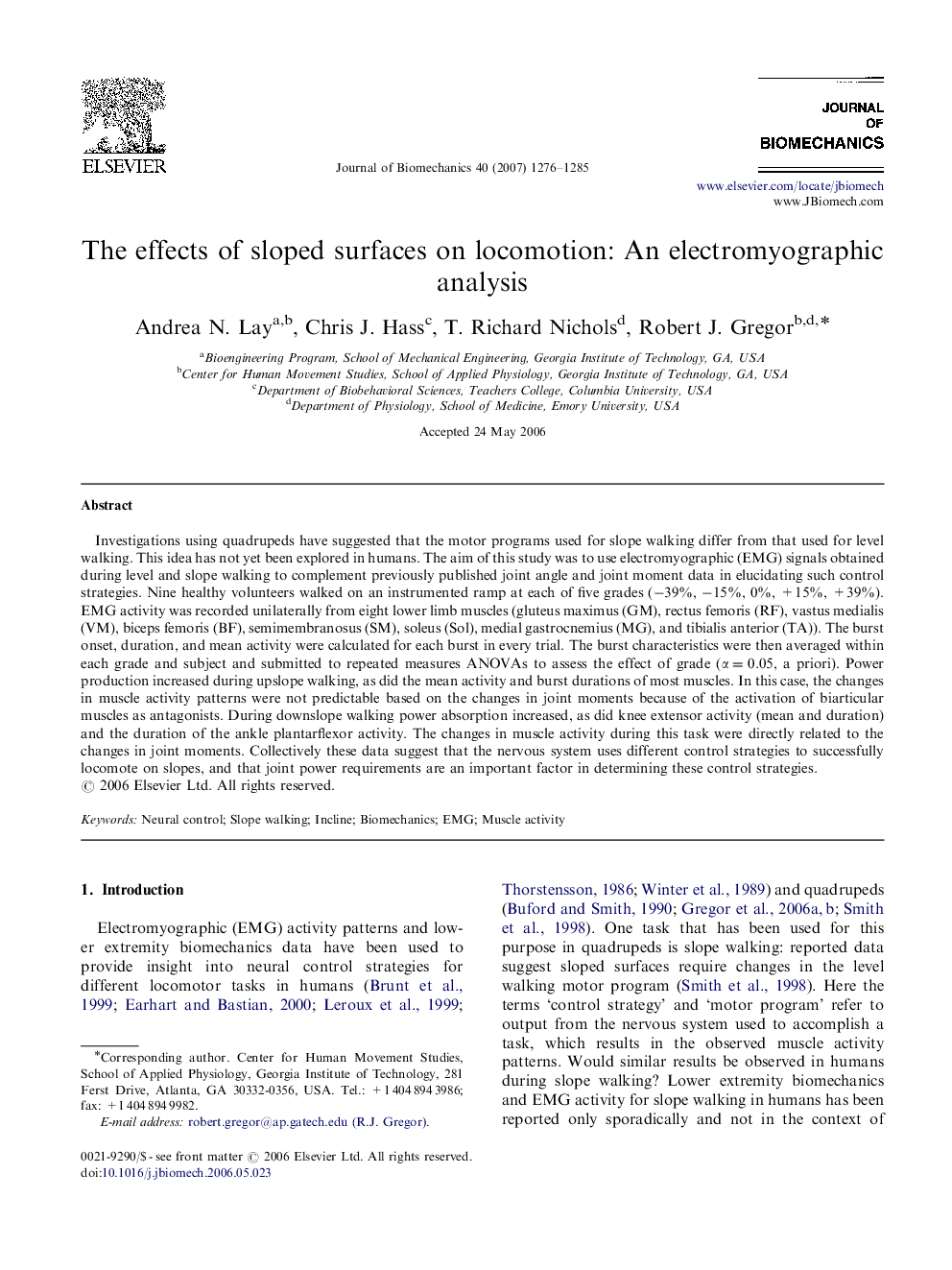 The effects of sloped surfaces on locomotion: An electromyographic analysis