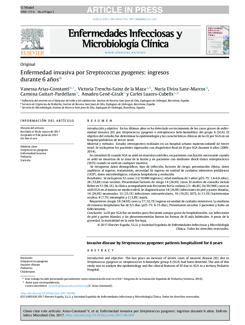 عکس صفحه اول مقاله: Enfermedad invasiva por Streptococcus pyogenes: ingresos durante 6 años Enfermedad invasiva por Streptococcus pyogenes: ingresos durante 6 años