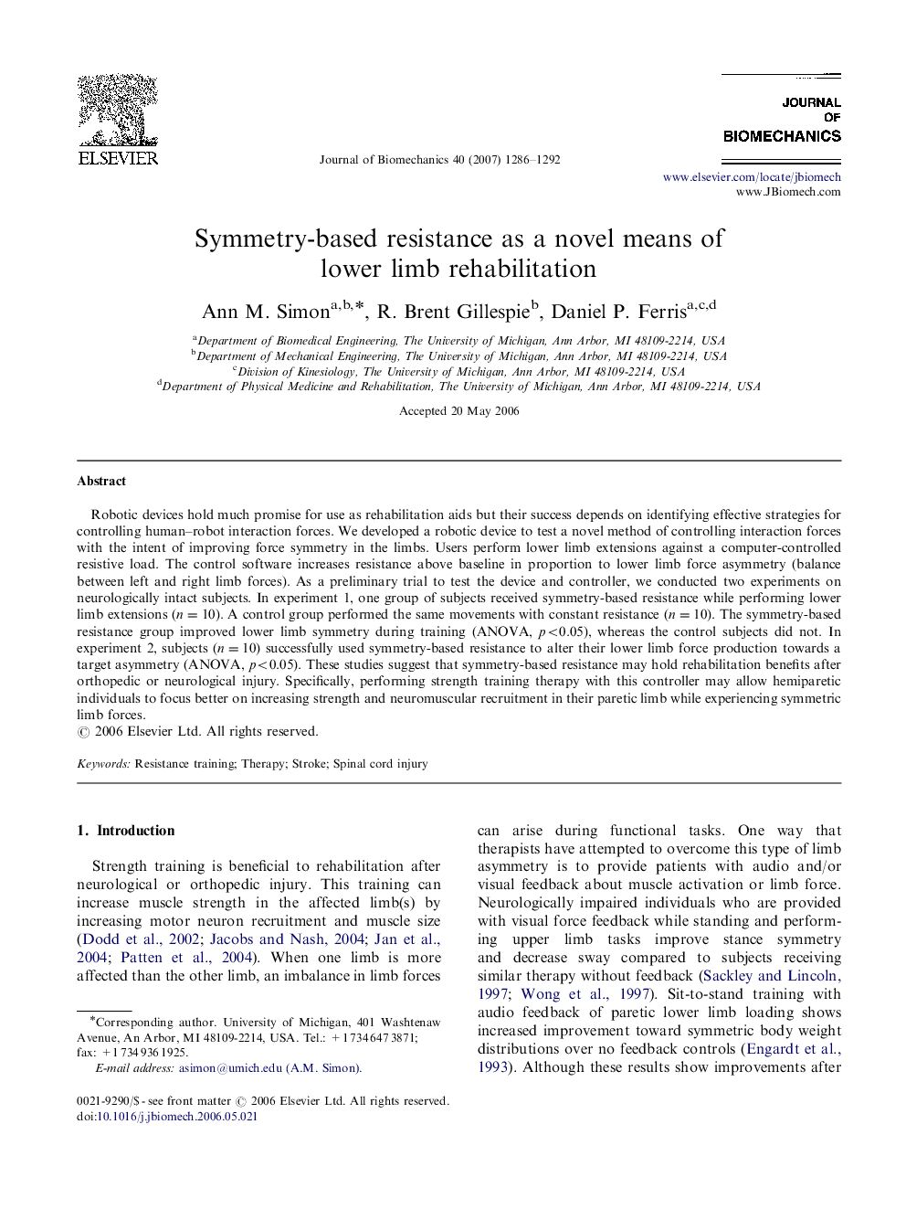 Symmetry-based resistance as a novel means of lower limb rehabilitation