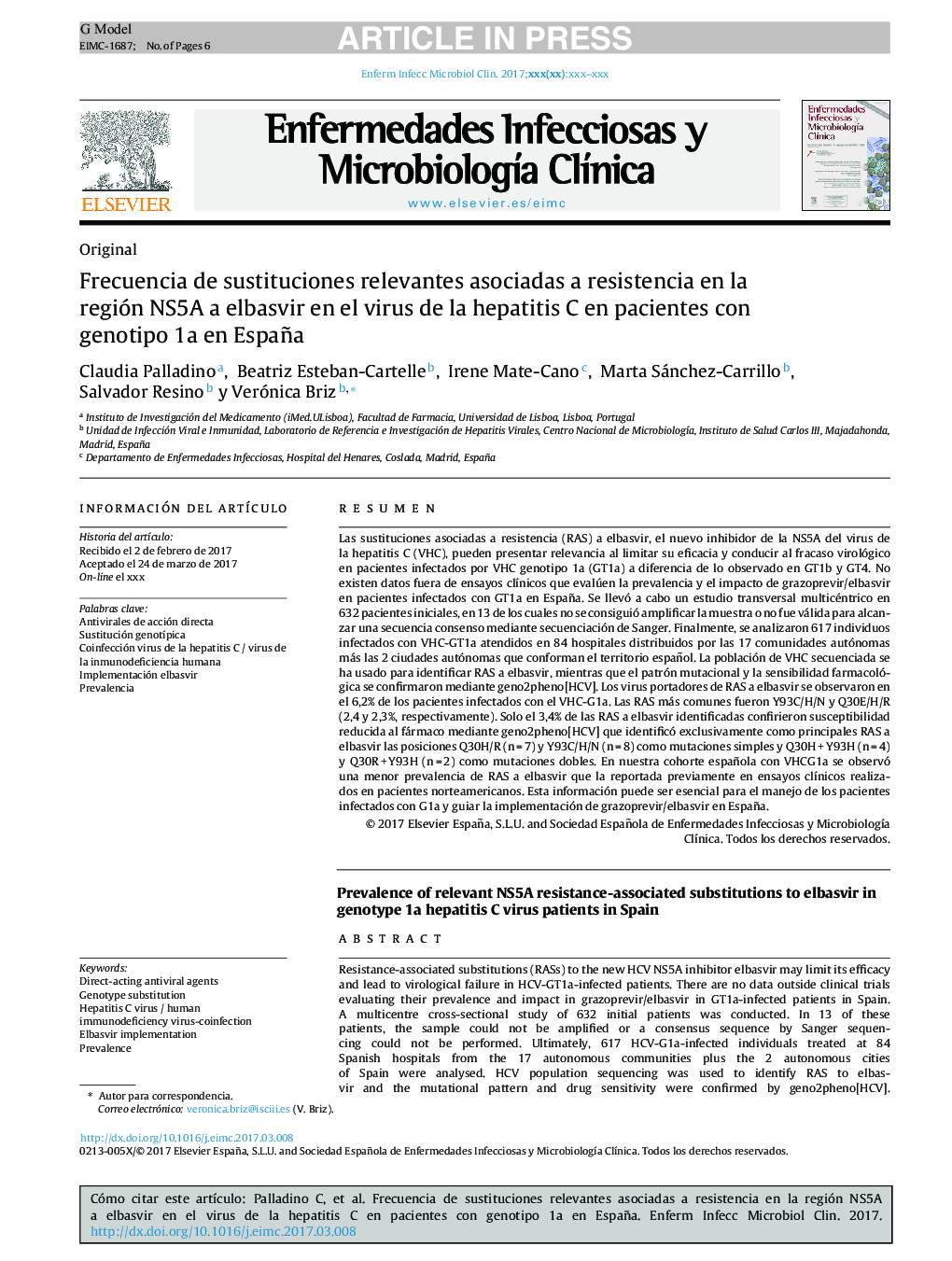 Frecuencia de sustituciones relevantes asociadas a resistencia en la región NS5A a elbasvir en el virus de la hepatitis C en pacientes con genotipo 1a en España