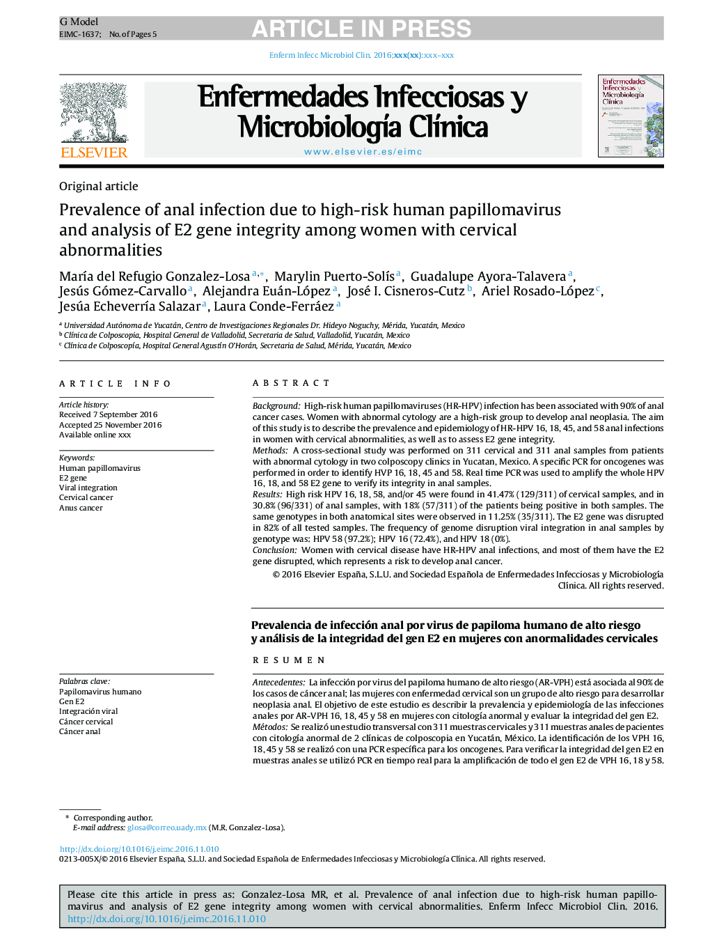 Prevalence of anal infection due to high-risk human papillomavirus and analysis of E2 gene integrity among women with cervical abnormalities