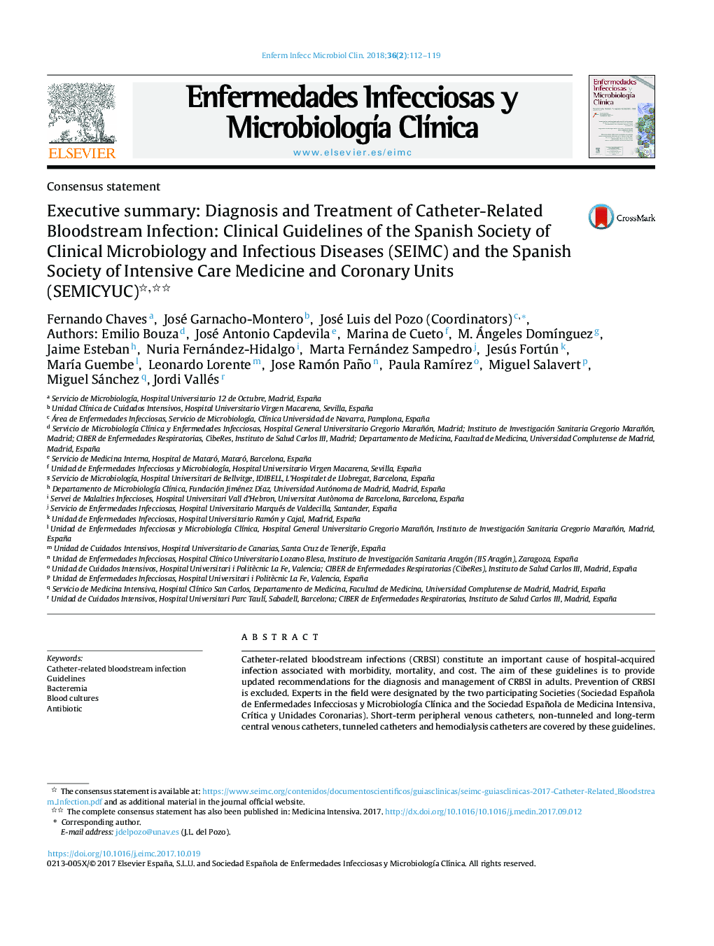 Executive summary: Diagnosis and Treatment of Catheter-Related Bloodstream Infection: Clinical Guidelines of the Spanish Society of Clinical Microbiology and Infectious Diseases (SEIMC) and the Spanish Society of Intensive Care Medicine and Coronary Units