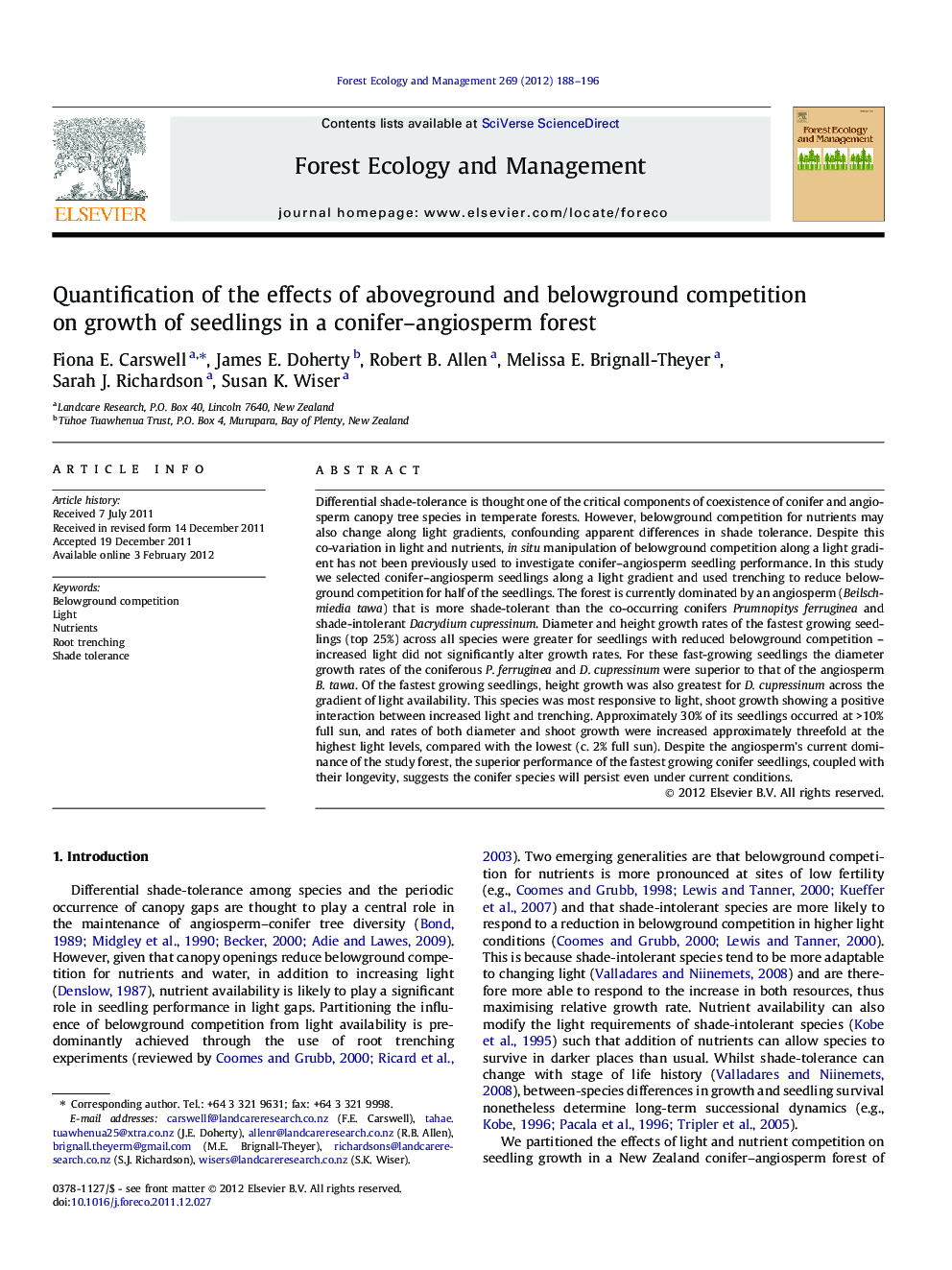 Quantification of the effects of aboveground and belowground competition on growth of seedlings in a conifer–angiosperm forest