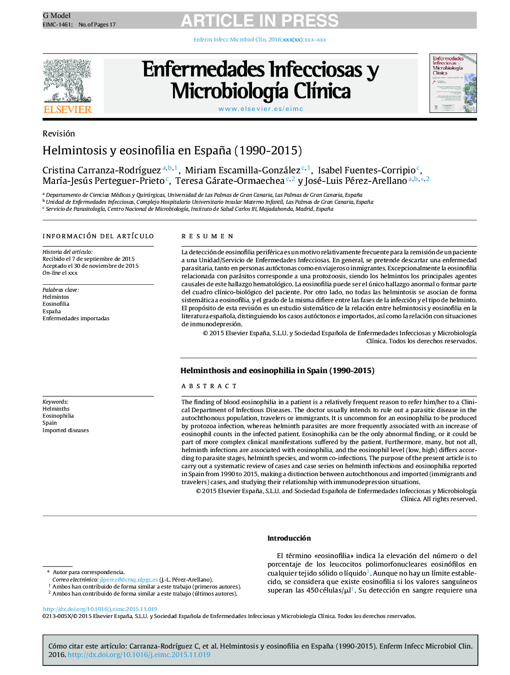Helmintosis y eosinofilia en España (1990-2015)