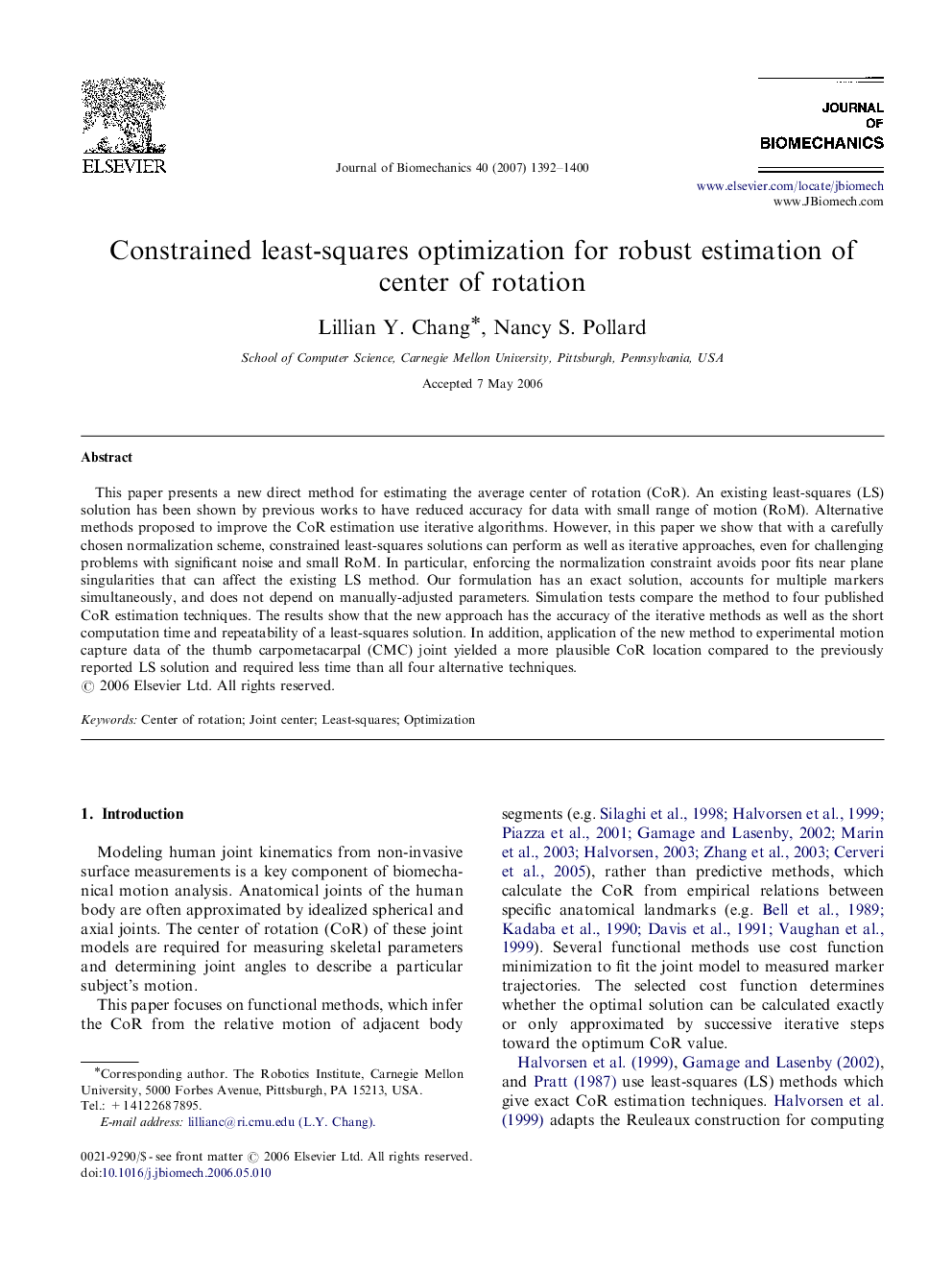 Constrained least-squares optimization for robust estimation of center of rotation