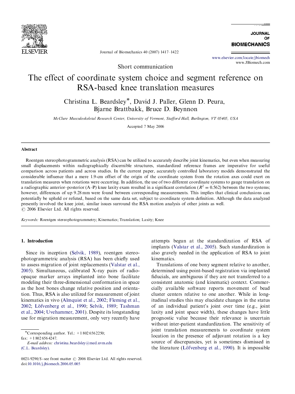 The effect of coordinate system choice and segment reference on RSA-based knee translation measures