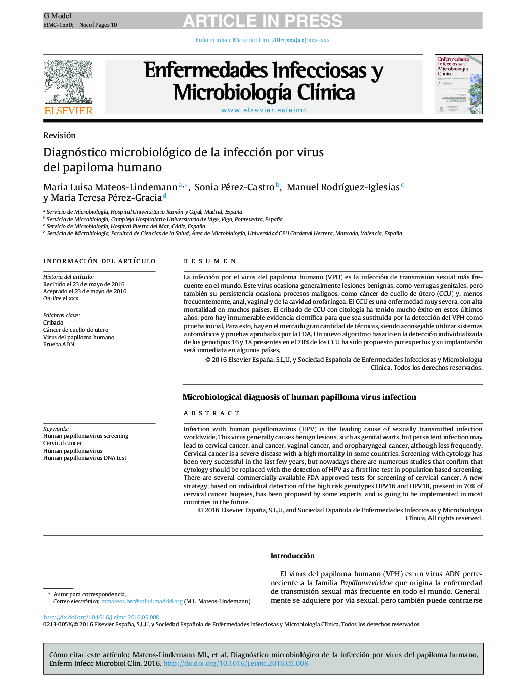 Diagnóstico microbiológico de la infección por virus del papiloma humano