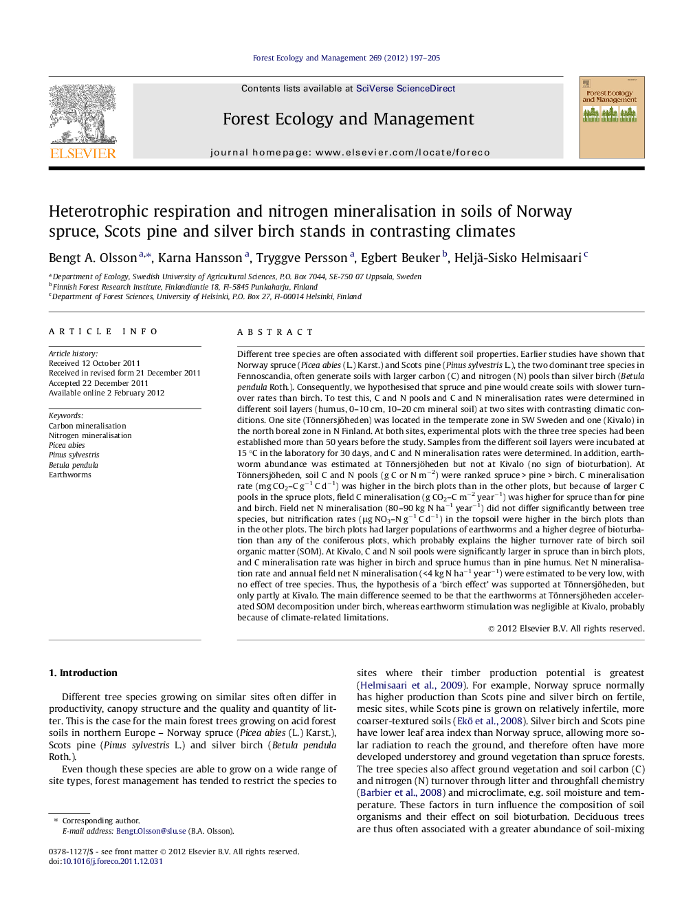 Heterotrophic respiration and nitrogen mineralisation in soils of Norway spruce, Scots pine and silver birch stands in contrasting climates