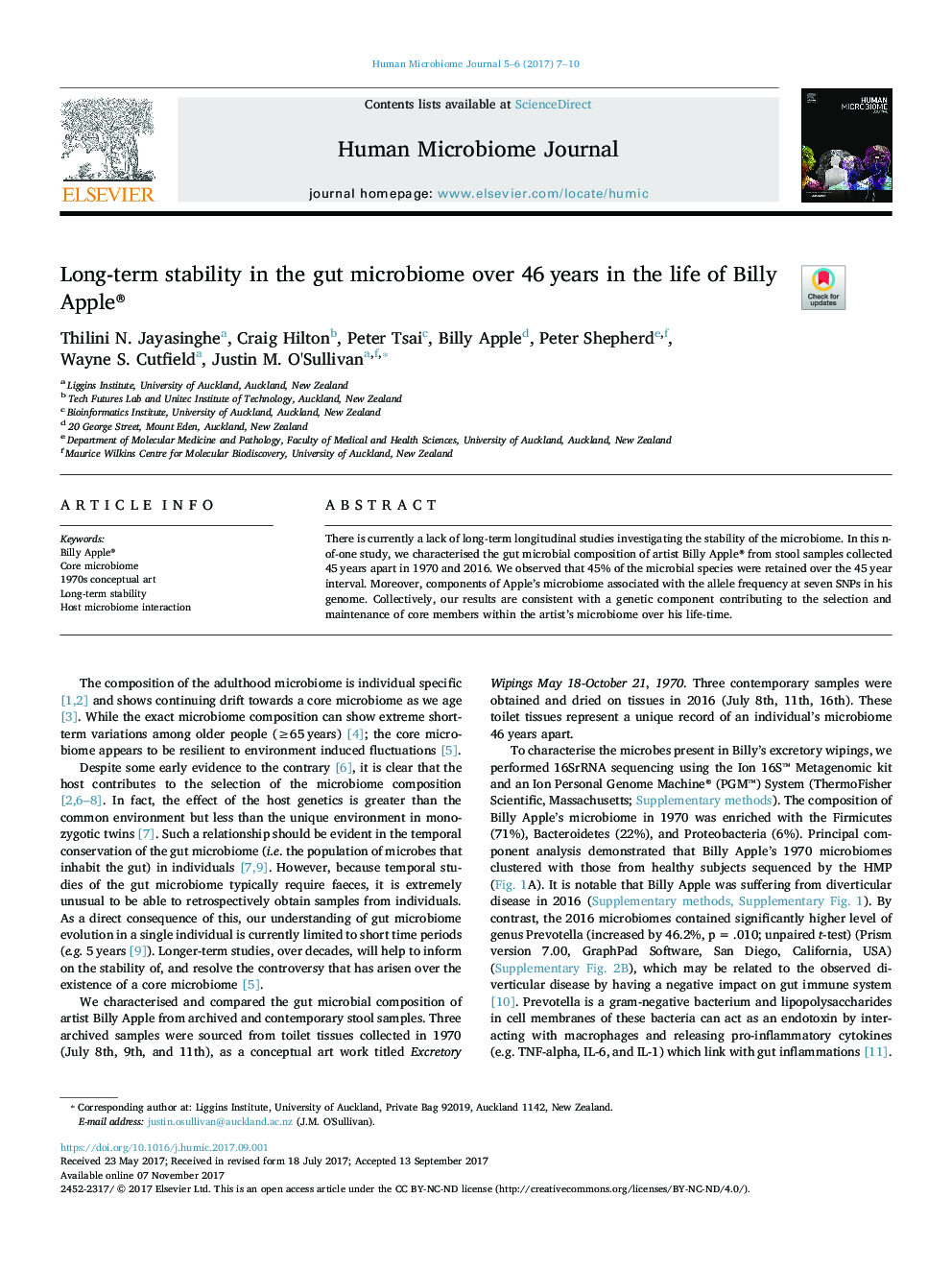 Long-term stability in the gut microbiome over 46â¯years in the life of Billy Apple®