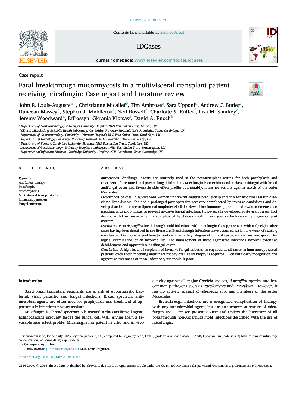 Fatal breakthrough mucormycosis in a multivisceral transplant patient receiving micafungin: Case report and literature review