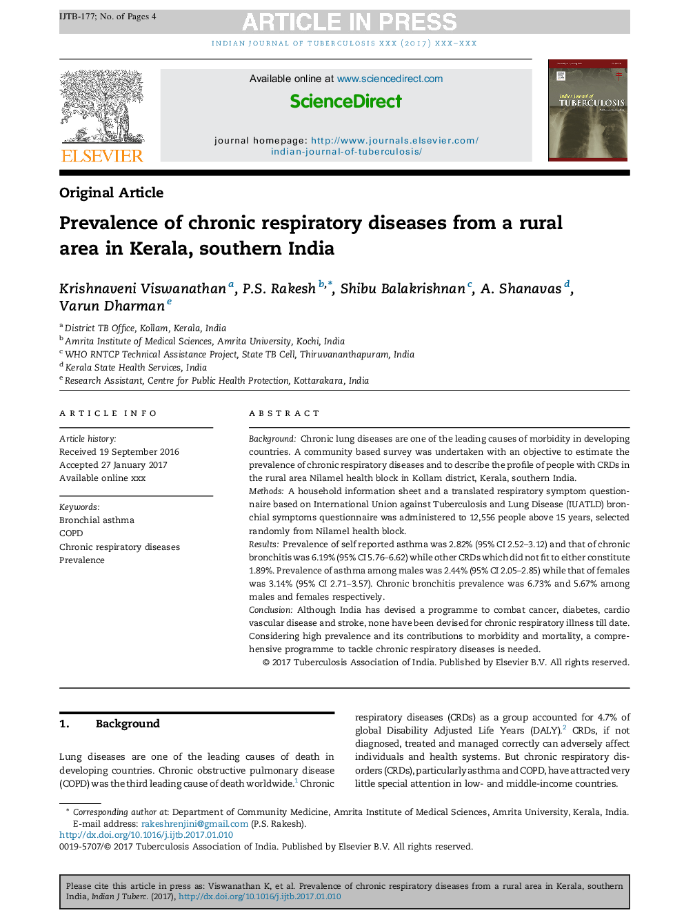 Prevalence of chronic respiratory diseases from a rural area in Kerala, southern India