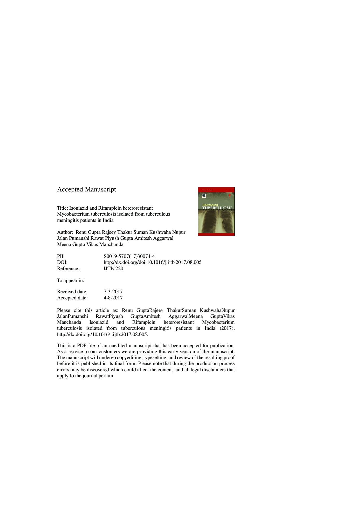 Isoniazid and rifampicin heteroresistant Mycobacterium tuberculosis isolated from tuberculous meningitis patients in India