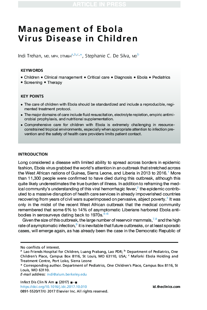 Management of Ebola Virus Disease in Children