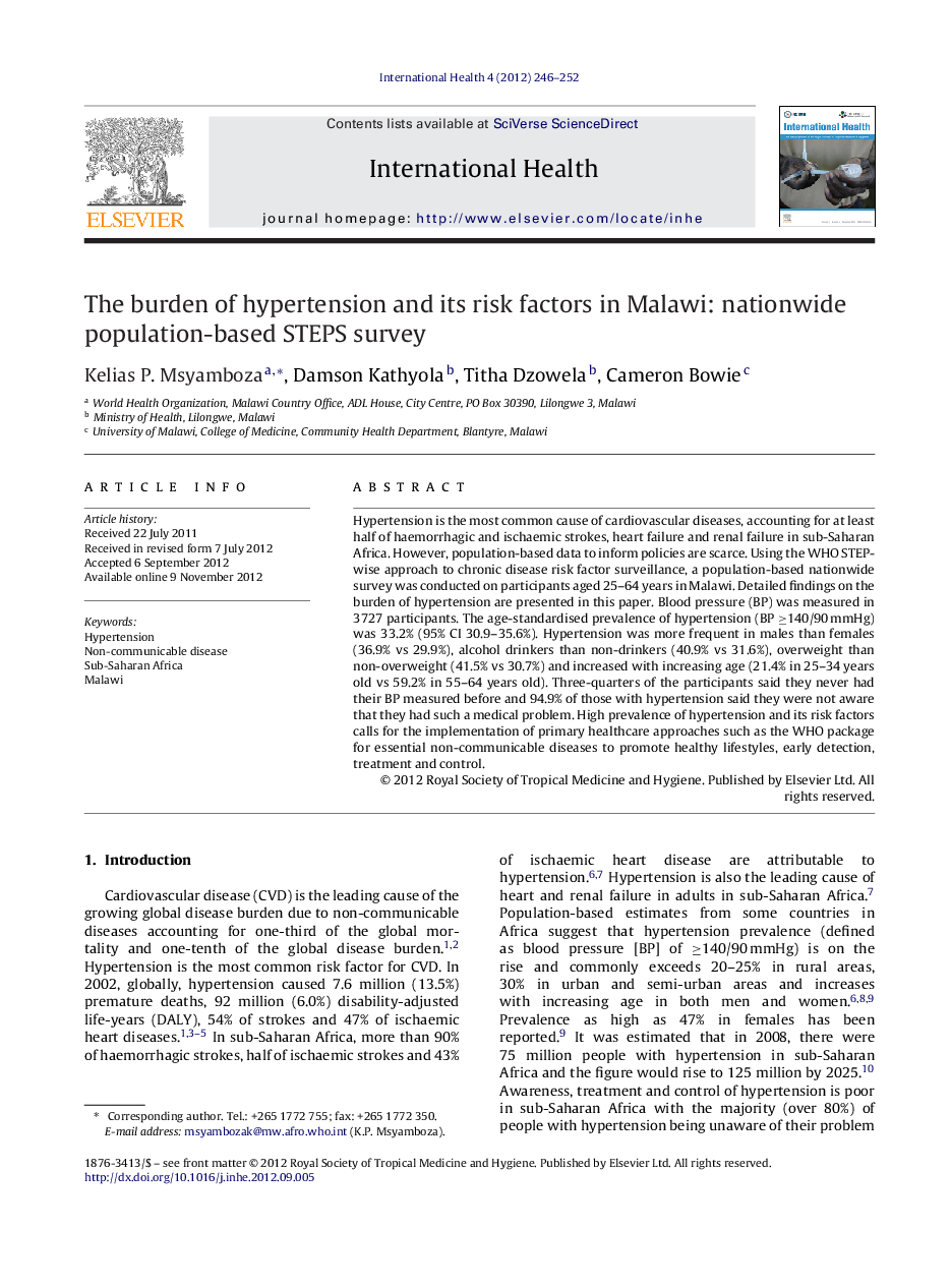 The burden of hypertension and its risk factors in Malawi: nationwide population-based STEPS survey