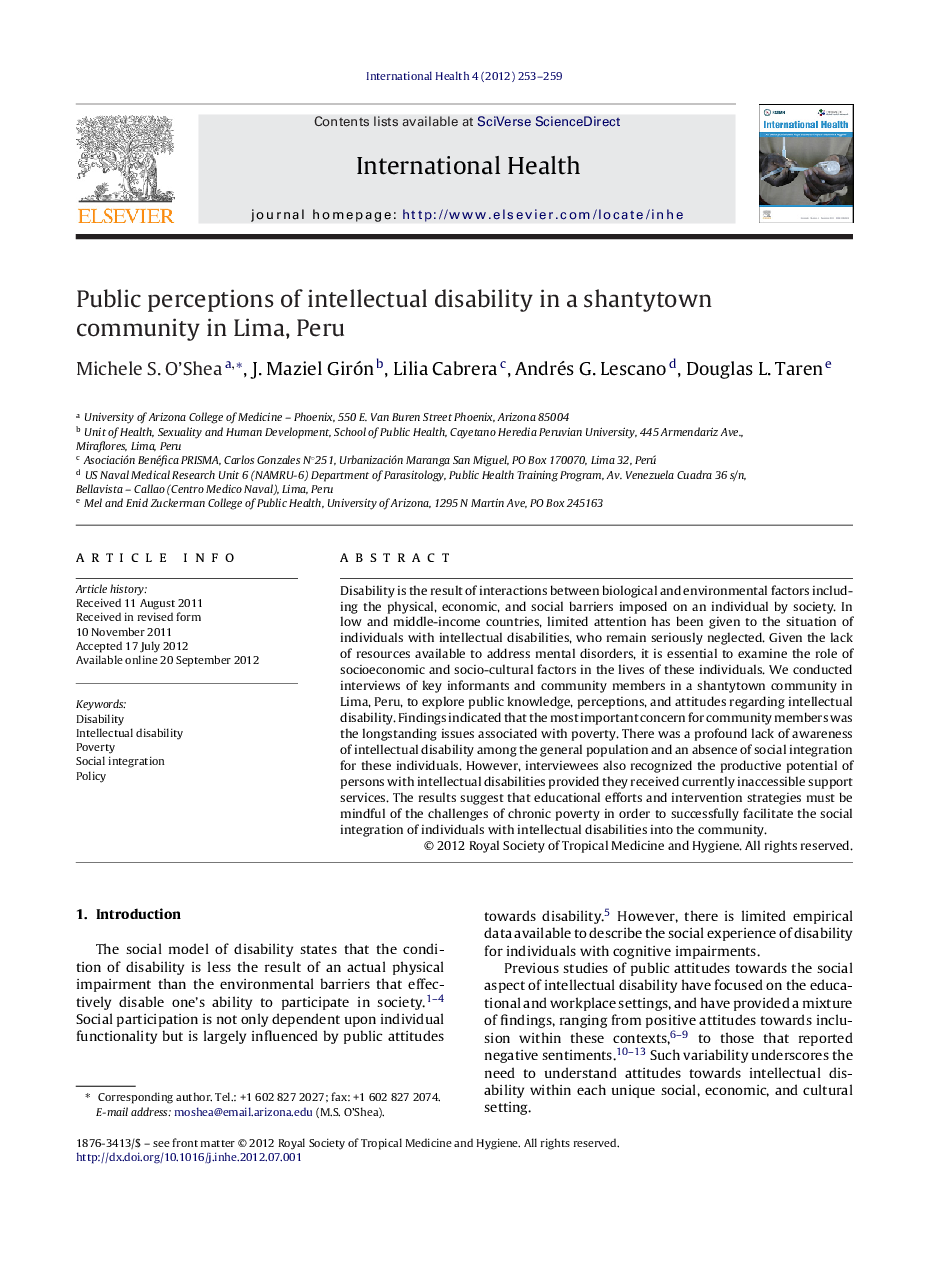 Public perceptions of intellectual disability in a shantytown community in Lima, Peru