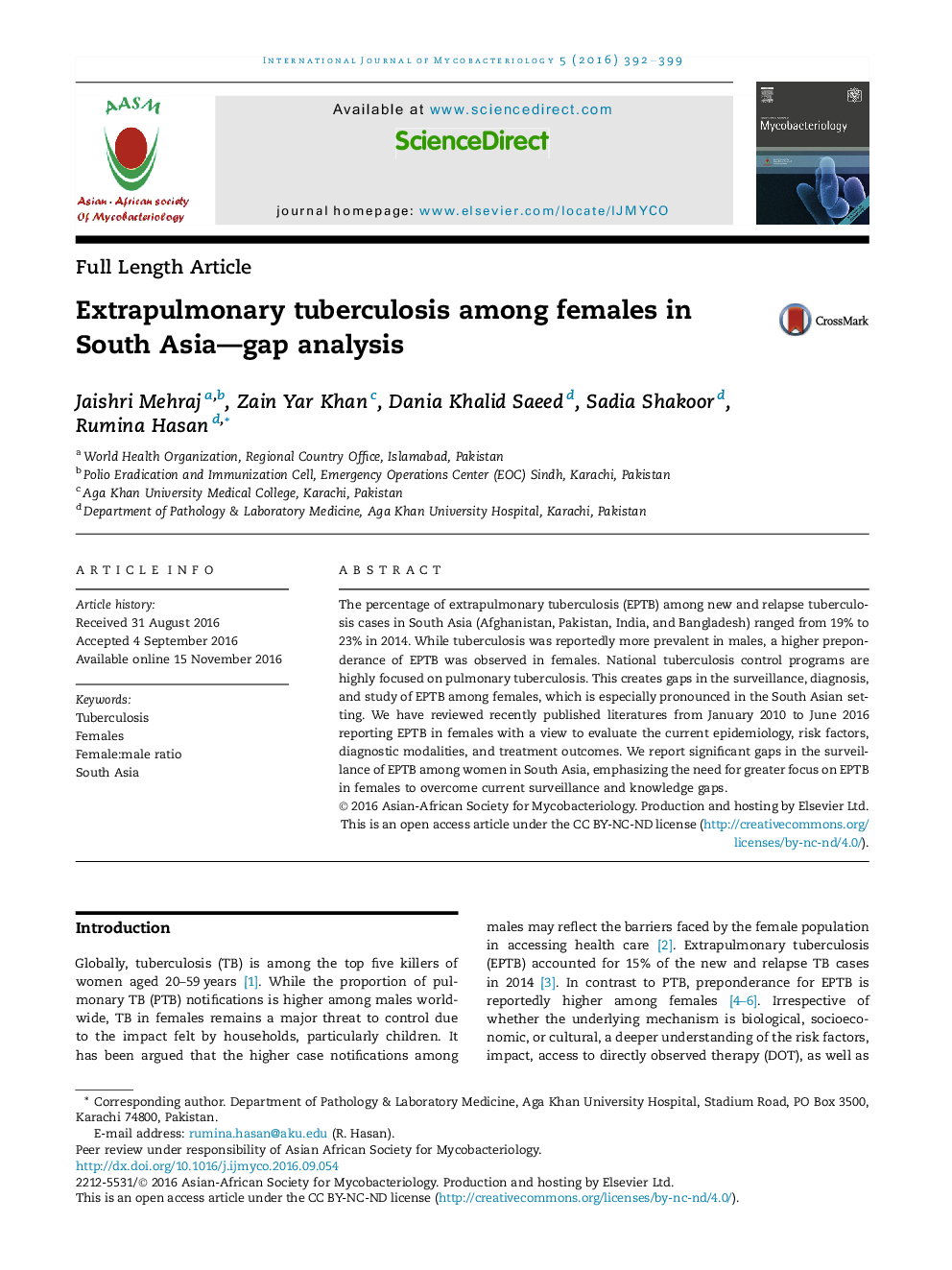 Extrapulmonary tuberculosis among females in South Asia-gap analysis