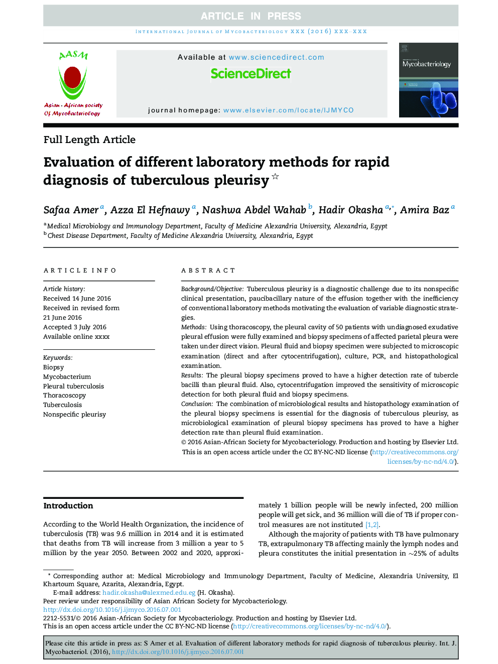 Evaluation of different laboratory methods for rapid diagnosis of tuberculous pleurisy
