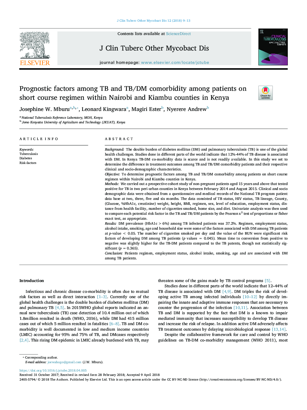 Prognostic factors among TB and TB/DM comorbidity among patients on short course regimen within Nairobi and Kiambu counties in Kenya