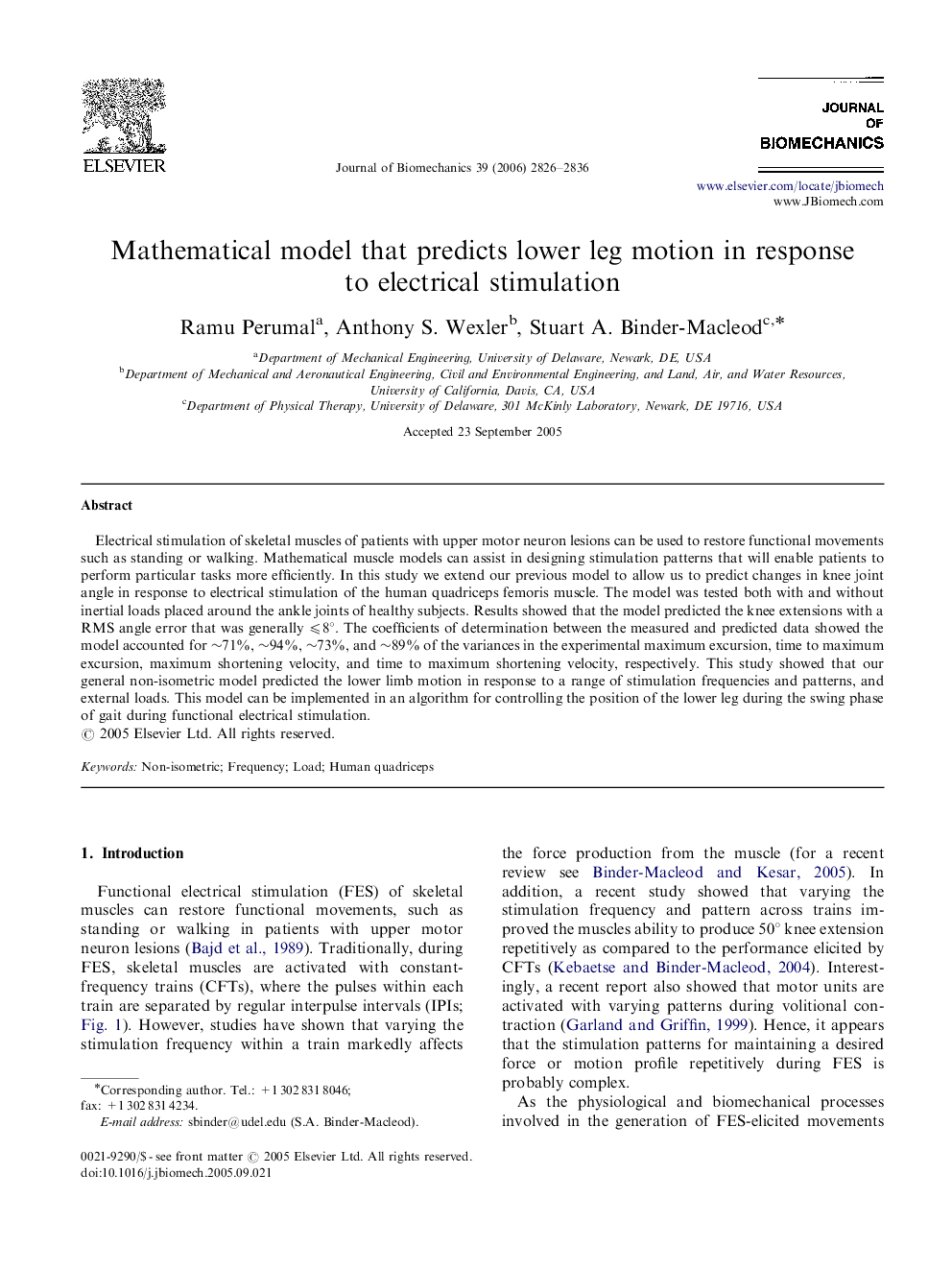 Mathematical model that predicts lower leg motion in response to electrical stimulation