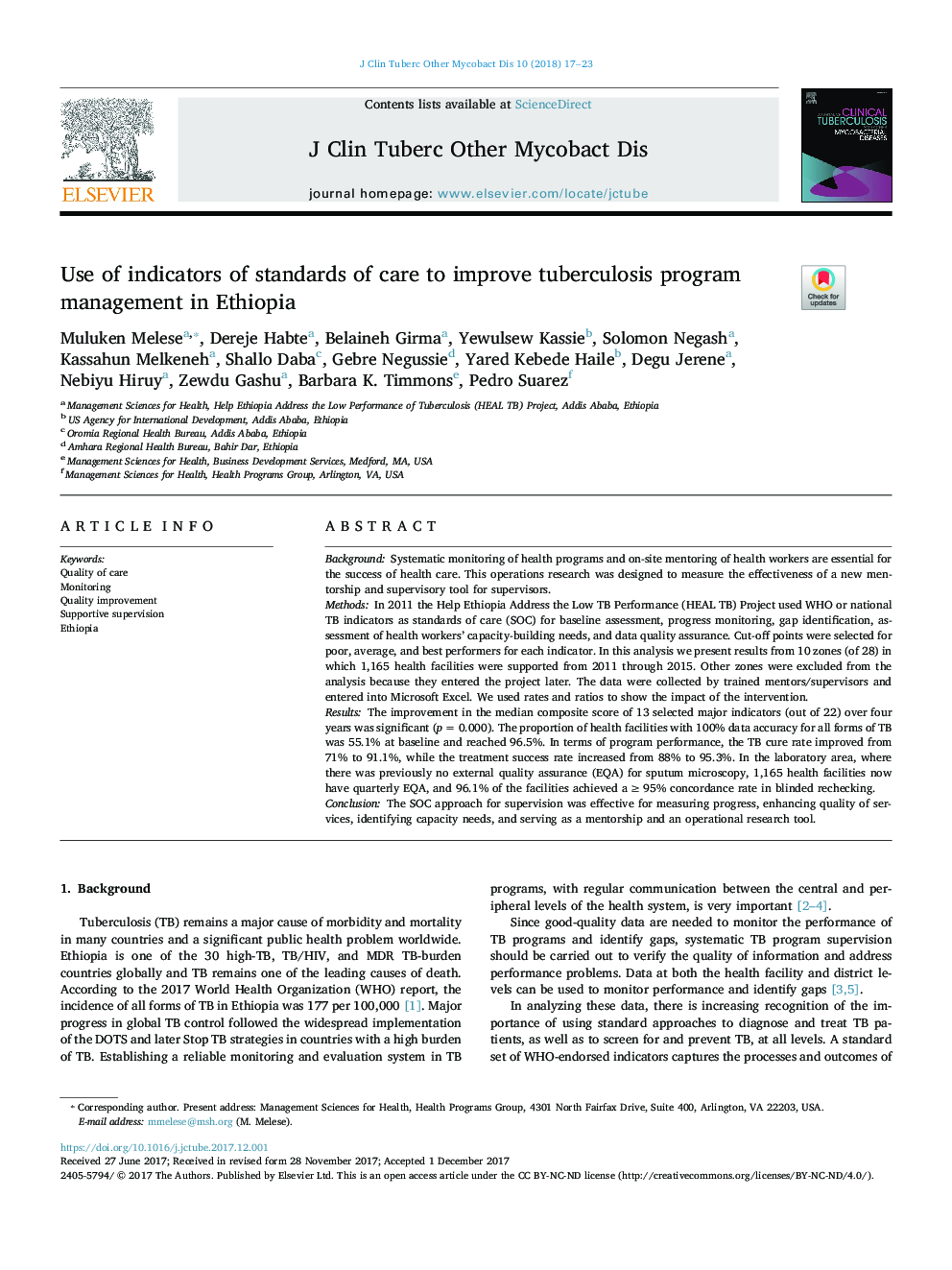 Use of indicators of standards of care to improve tuberculosis program management in Ethiopia