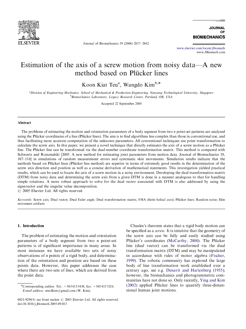 Estimation of the axis of a screw motion from noisy data—A new method based on Plücker lines