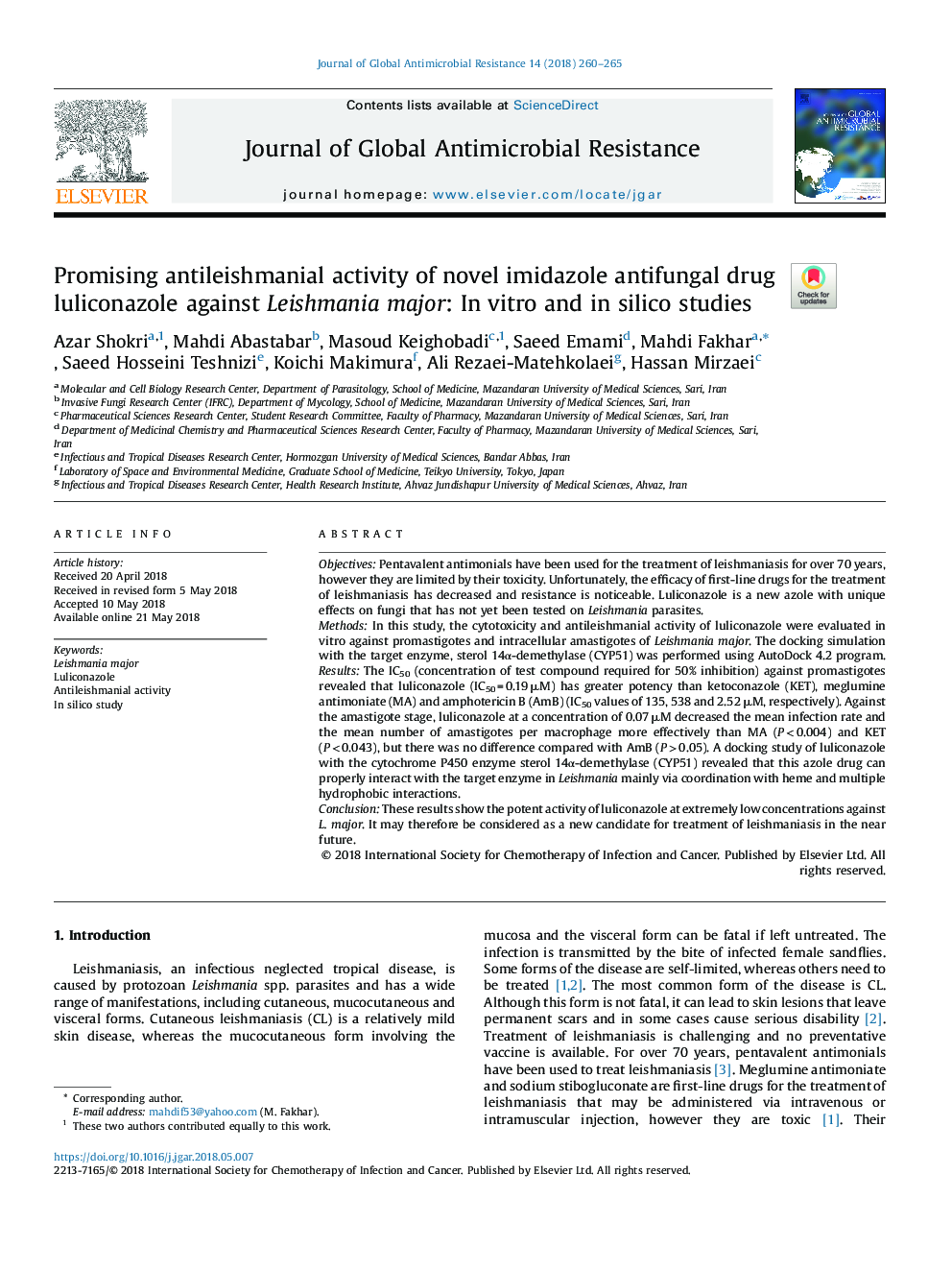 Promising antileishmanial activity of novel imidazole antifungal drug luliconazole against Leishmania major: In vitro and in silico studies