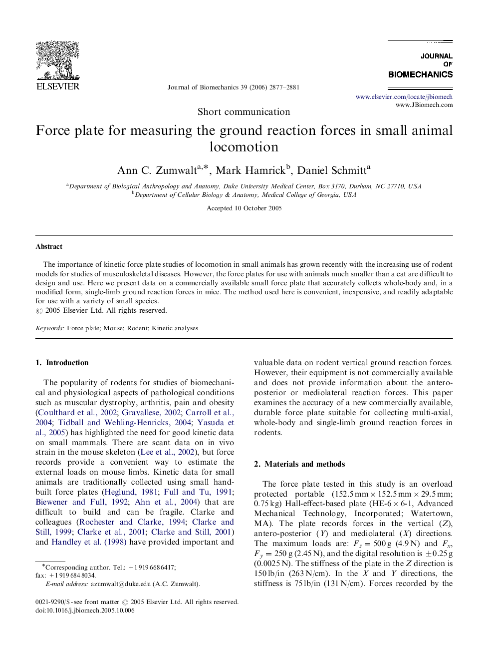 Force plate for measuring the ground reaction forces in small animal locomotion