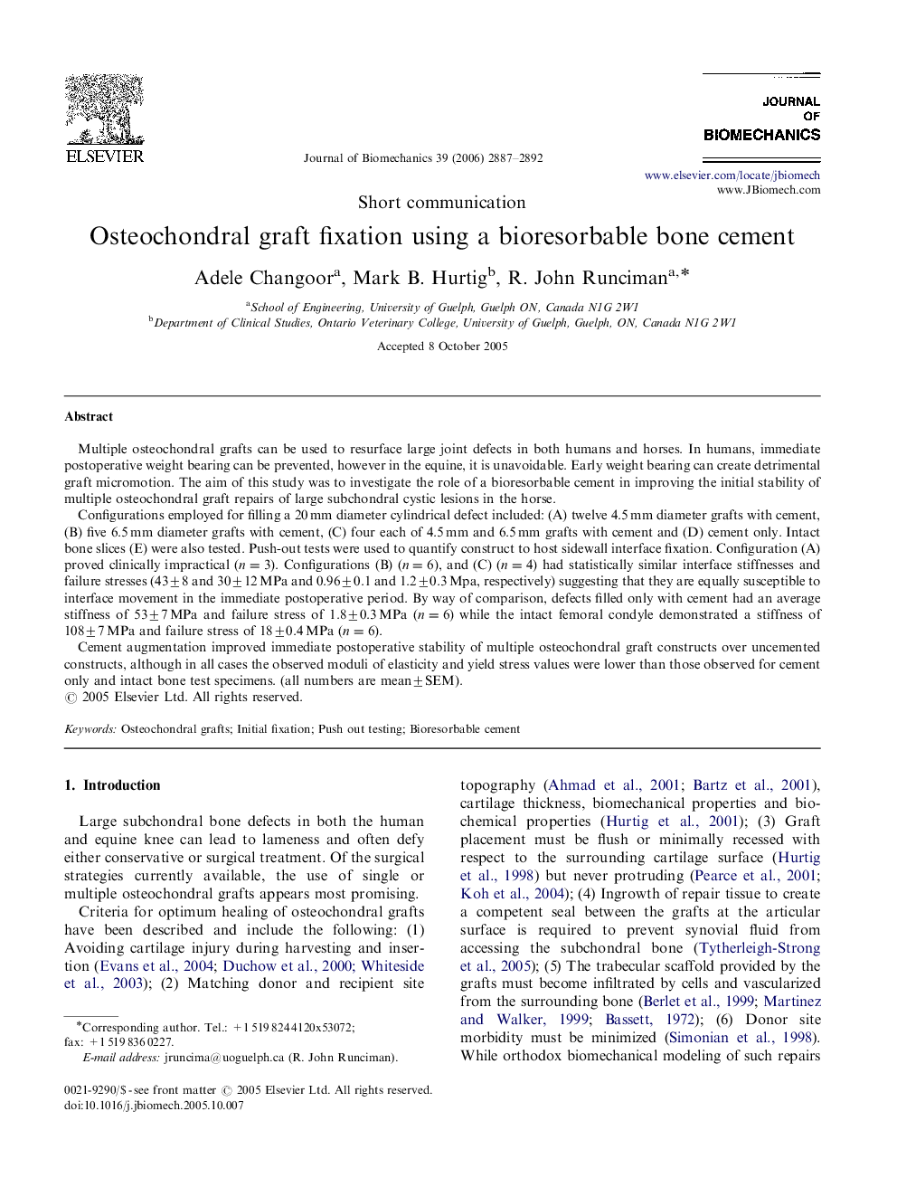 Osteochondral graft fixation using a bioresorbable bone cement