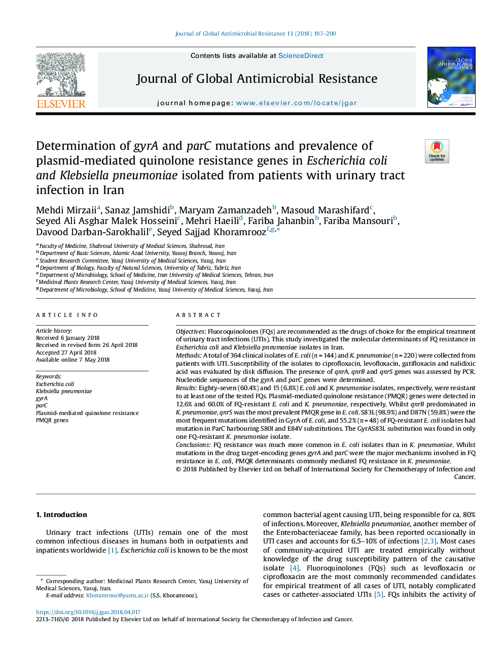 Determination of gyrA and parC mutations and prevalence of plasmid-mediated quinolone resistance genes in Escherichia coli and Klebsiella pneumoniae isolated from patients with urinary tract infection in Iran