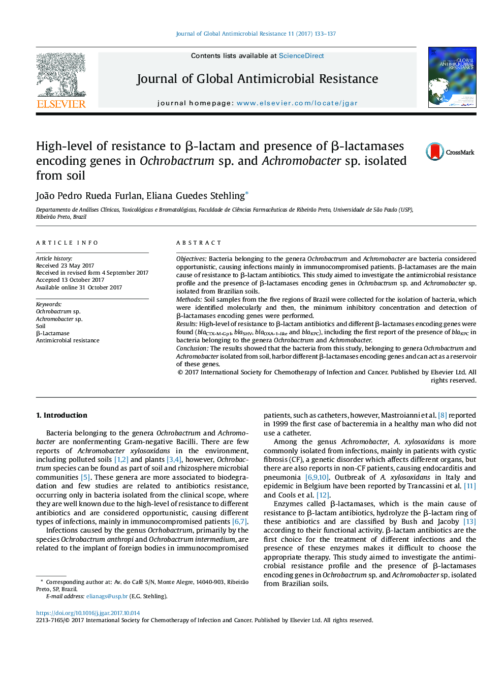 High-level of resistance to Î²-lactam and presence of Î²-lactamases encoding genes in Ochrobactrum sp. and Achromobacter sp. isolated from soil