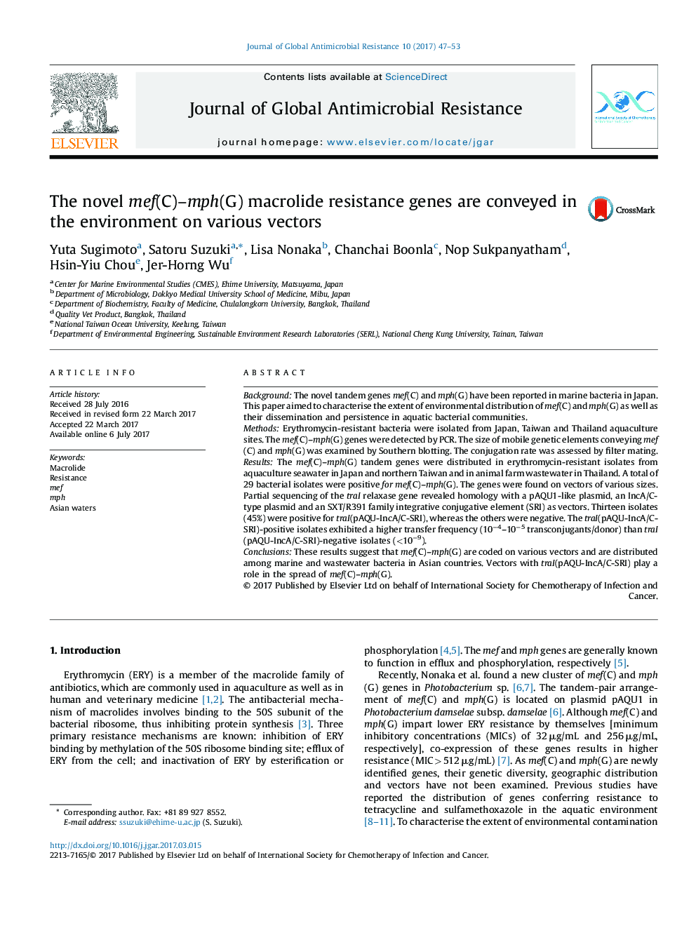 The novel mef(C)-mph(G) macrolide resistance genes are conveyed in the environment on various vectors