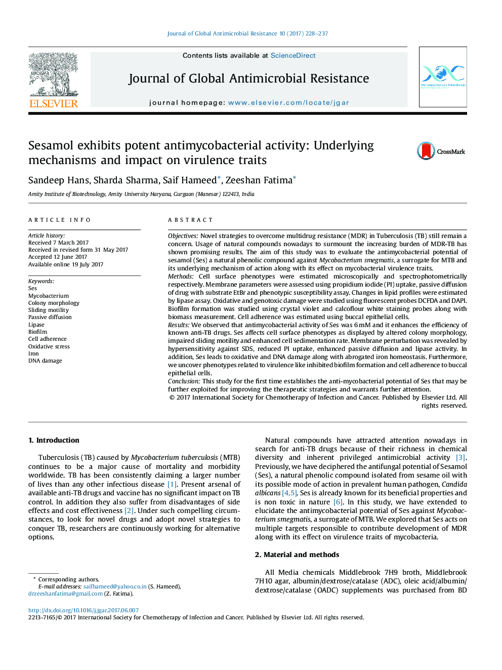 Sesamol exhibits potent antimycobacterial activity: Underlying mechanisms and impact on virulence traits