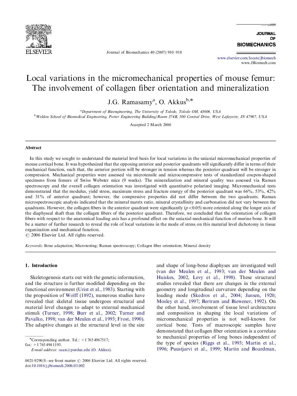 Local variations in the micromechanical properties of mouse femur: The involvement of collagen fiber orientation and mineralization